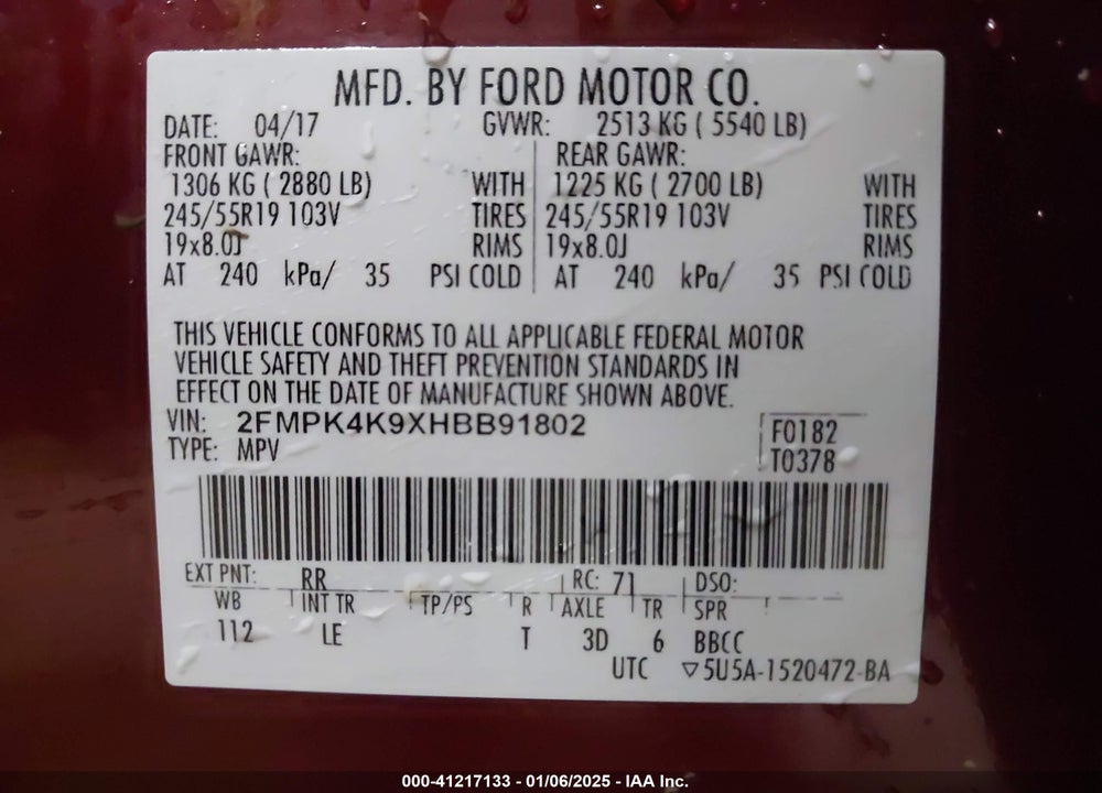 2017 FORD EDGE TITANIUM VIN: 2FMPK4K9XHBB91802