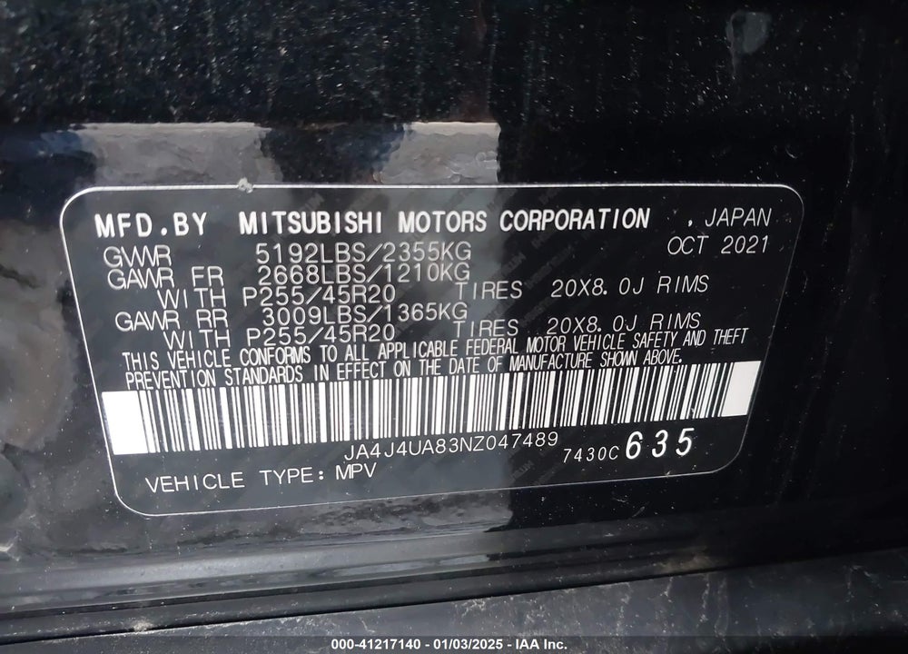 2022 MITSUBISHI OUTLANDER BLACK EDITION S-AWC/SE 2.5 S-AWC/SE LAUNCH EDITION S-AWC VIN: JA4J4UA83NZ047489