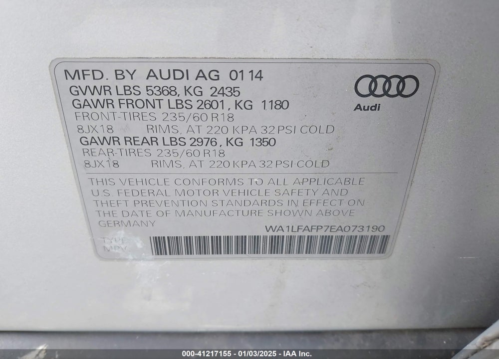 2014 AUDI Q5 2.0T PREMIUM VIN: WA1LFAFP7EA073190