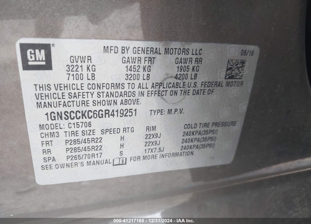 2016 CHEVROLET TAHOE LTZ VIN: 1GNSCCKC6GR419251