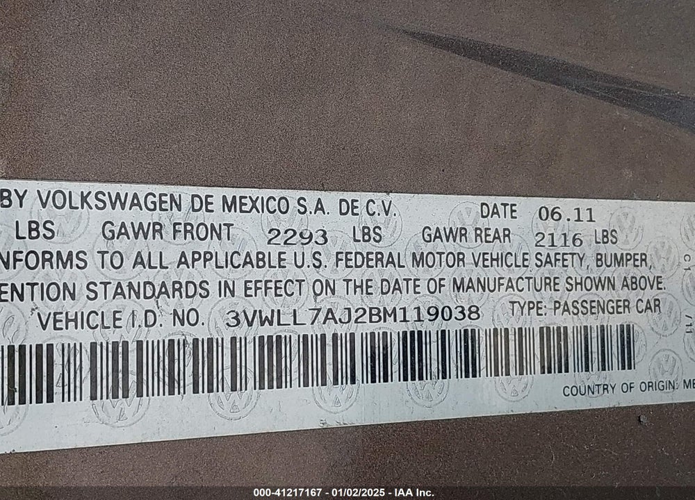 2011 VOLKSWAGEN JETTA 2.0L TDI VIN: 3VWLL7AJ2BM119038