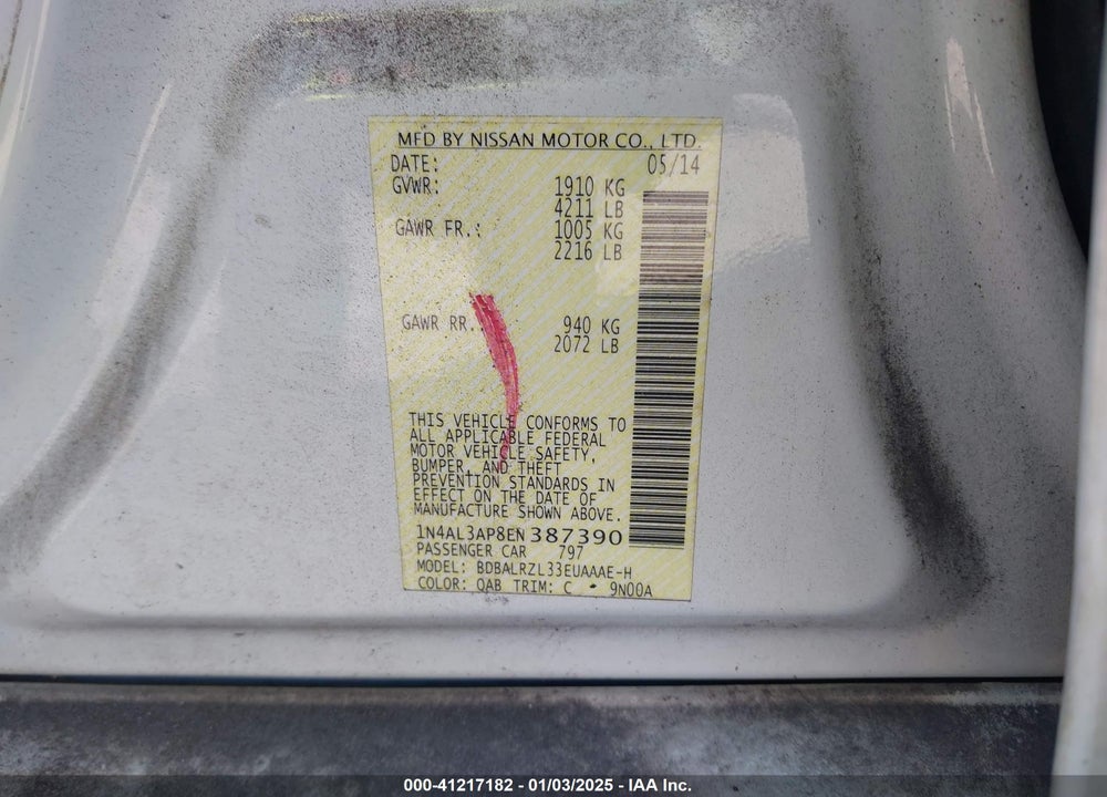 2014 NISSAN ALTIMA 2.5 S VIN: 1N4AL3AP8EN387390