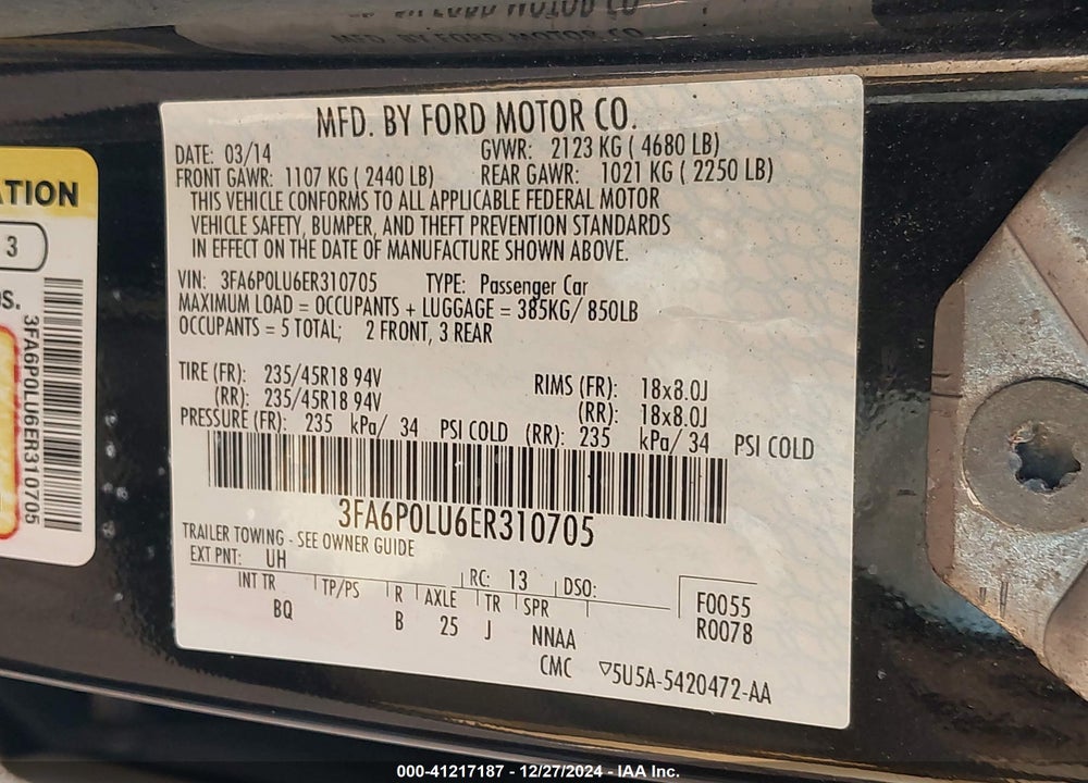 2014 FORD FUSION HYBRID SE VIN: 3FA6P0LU6ER310705
