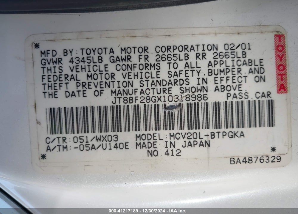 2001 LEXUS ES 300 VIN: JT8BF28GX10318986