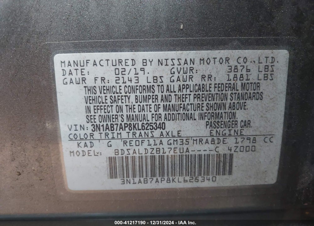 2019 NISSAN SENTRA SV VIN: 3N1AB7AP8KL625340