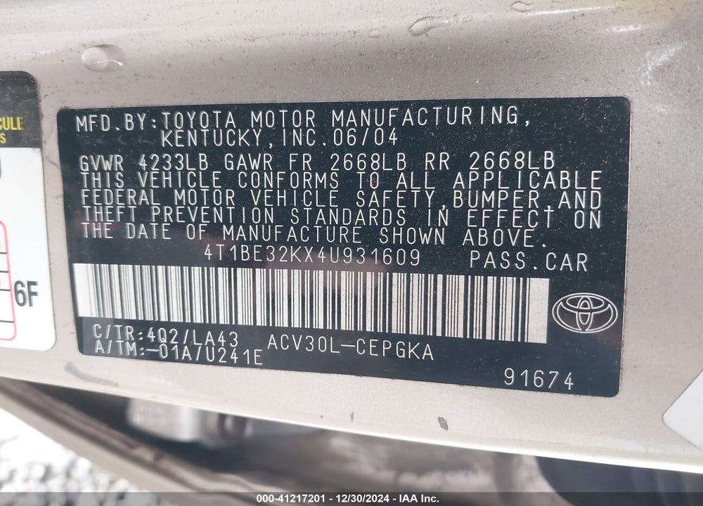 2004 TOYOTA CAMRY XLE VIN: 4T1BE32KX4U931609