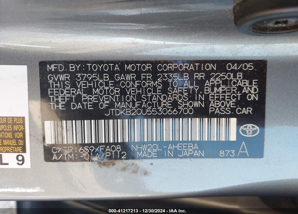 2005 TOYOTA PRIUS VIN: JTDKB20U553066700
