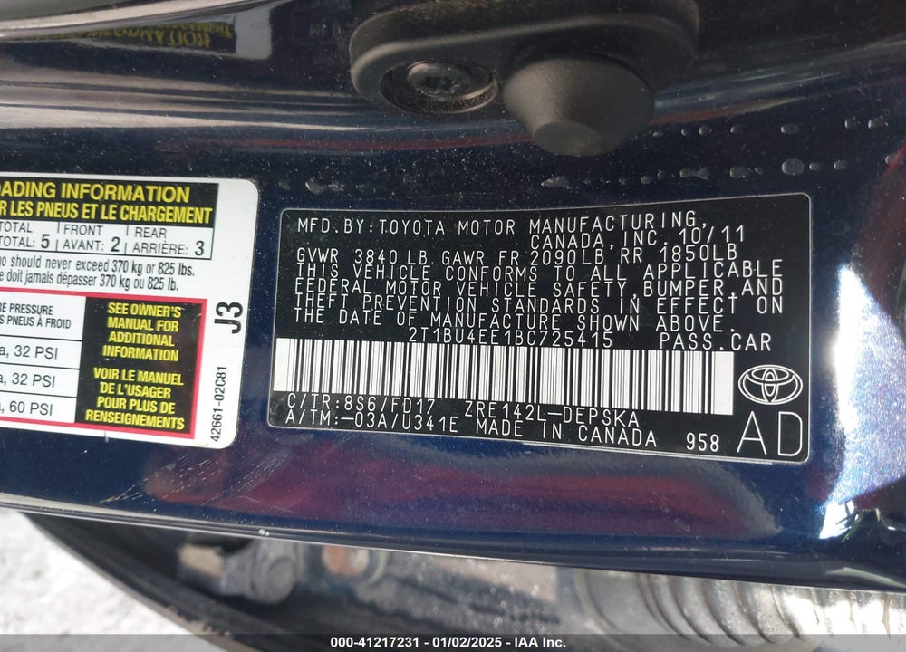 2011 TOYOTA COROLLA S VIN: 2T1BU4EE1BC725415