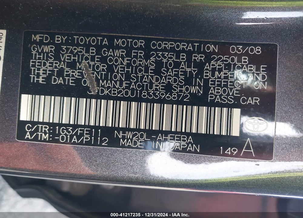 2008 TOYOTA PRIUS TOURING VIN: JTDKB20U183396872