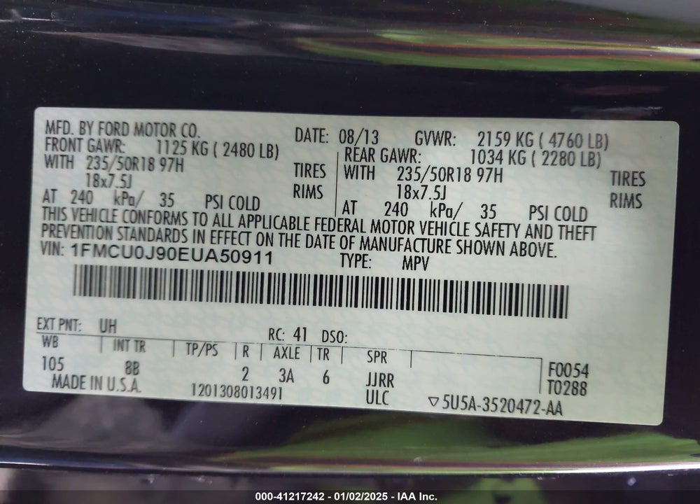 2014 FORD ESCAPE TITANIUM VIN: 1FMCU0J90EUA50911