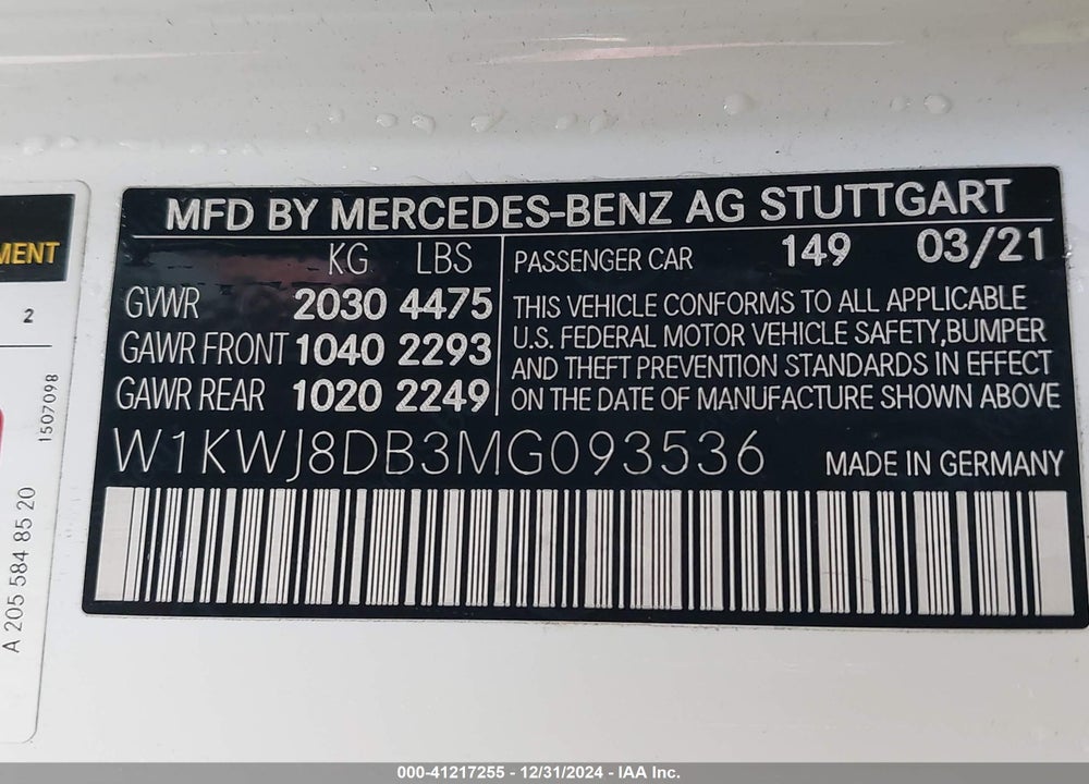 2021 MERCEDES-BENZ C 300 VIN: W1KWJ8DB3MG093536