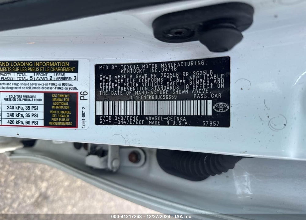 2017 TOYOTA CAMRY LE VIN: 4T1BF1FK6HU656659