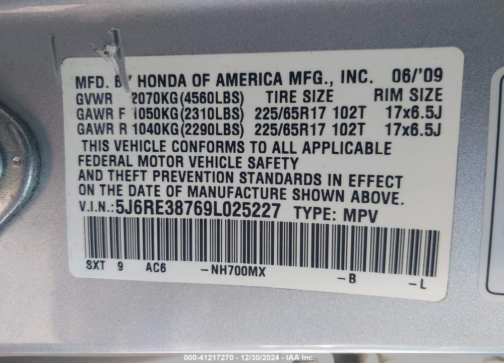 2009 HONDA CR-V EXL VIN: 5J6RE38769L025227