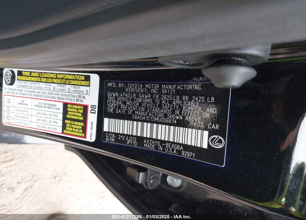 2021 LEXUS ES 300H VIN: 58ADA1C13MU006614