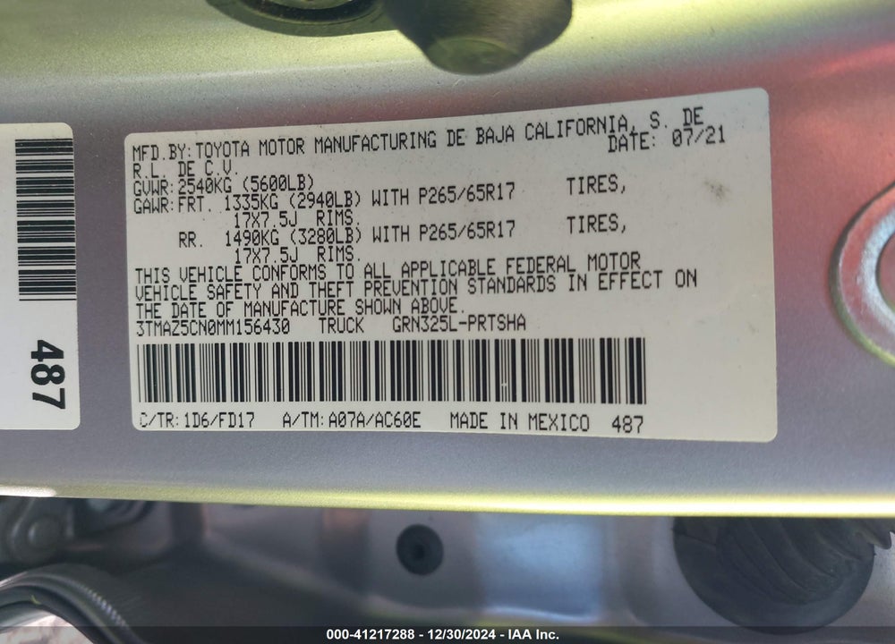 2021 TOYOTA TACOMA TRD SPORT VIN: 3TMAZ5CN0MM156430