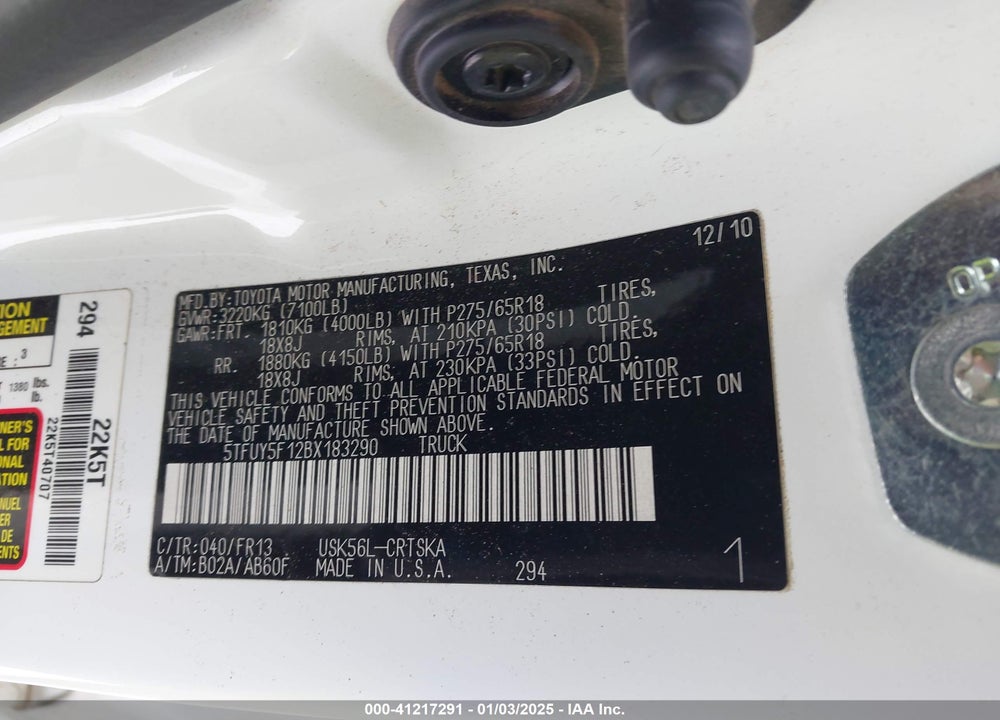 2011 TOYOTA TUNDRA GRADE 5.7L V8 VIN: 5TFUY5F12BX183290