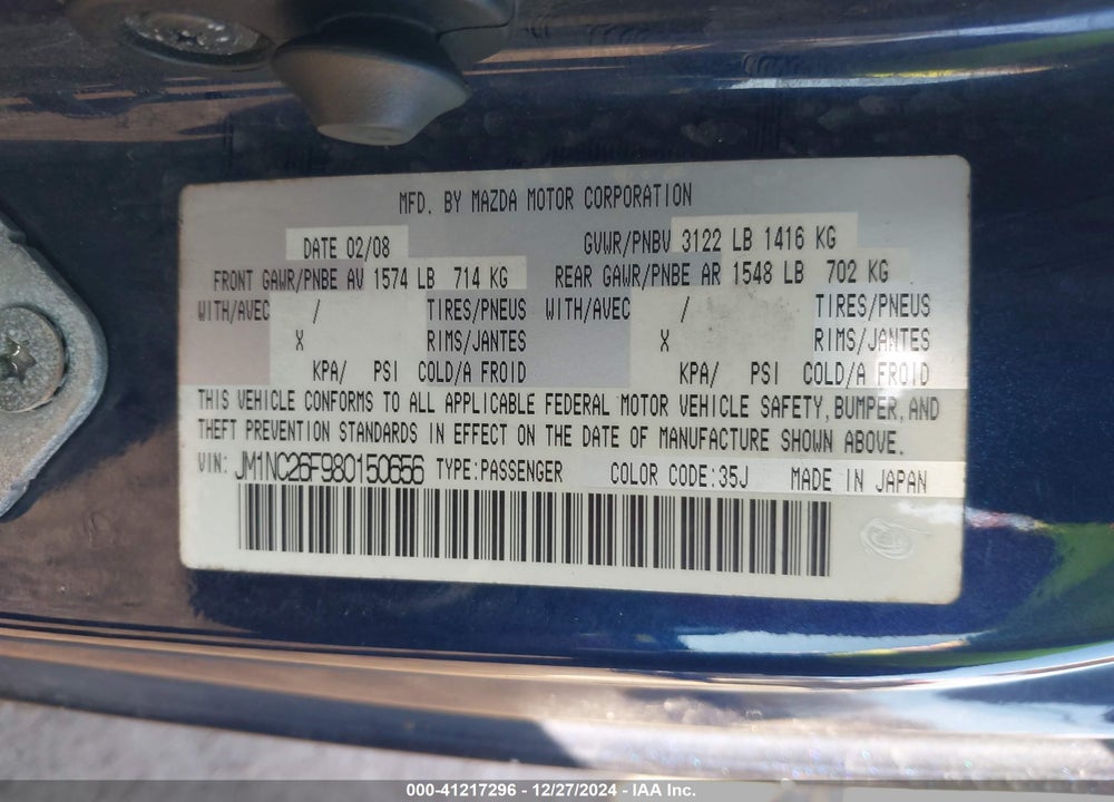 2008 MAZDA MX-5 GRAND TOURING VIN: JM1NC26F980150656