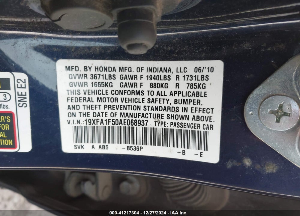 2010 HONDA CIVIC LX VIN: 19XFA1F50AE068937