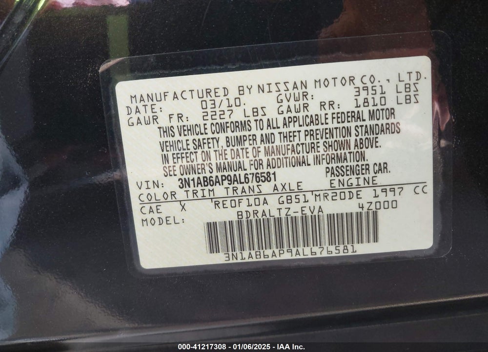 2010 NISSAN SENTRA 2.0S VIN: 3N1AB6AP9AL676581