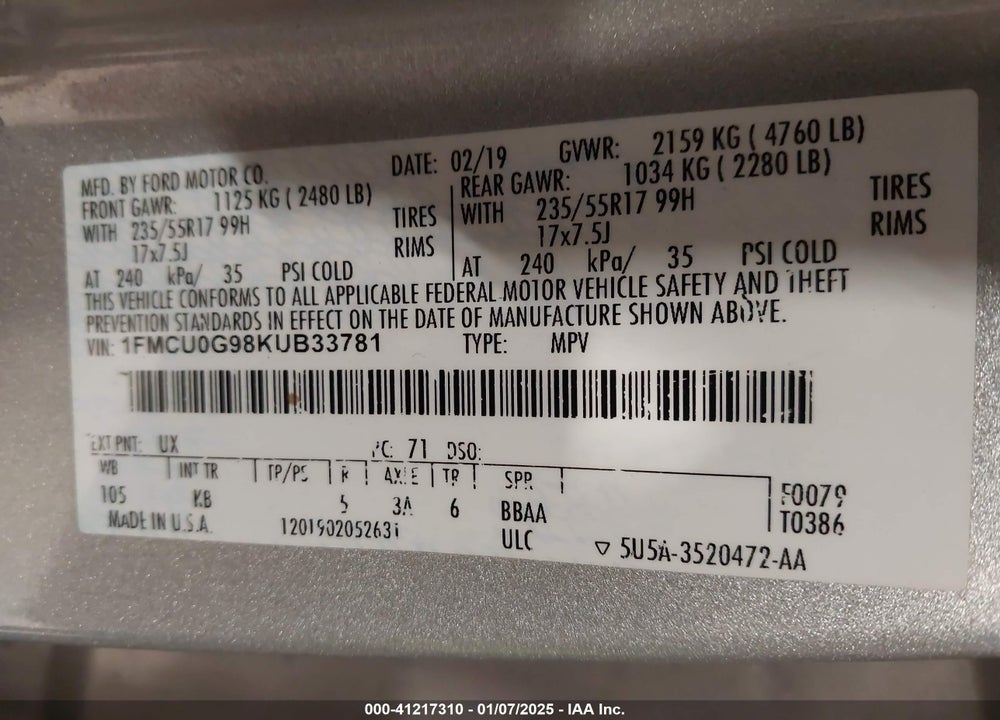 2019 FORD ESCAPE VIN: 1FMCU0G98KUB33781