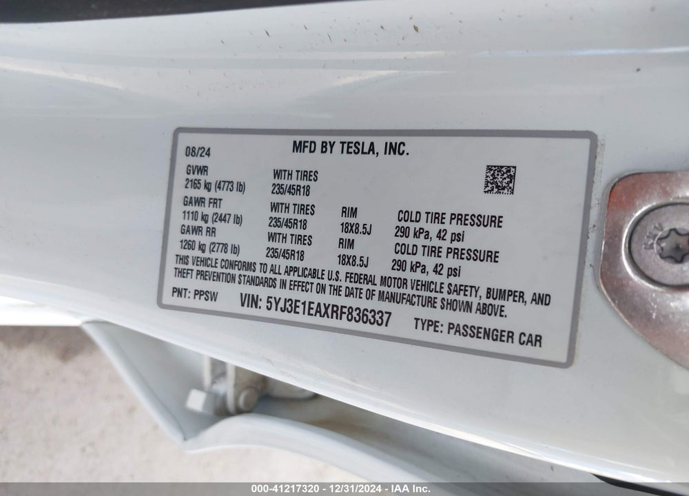 2024 TESLA MODEL 3 VIN: 5YJ3E1EAXRF836337