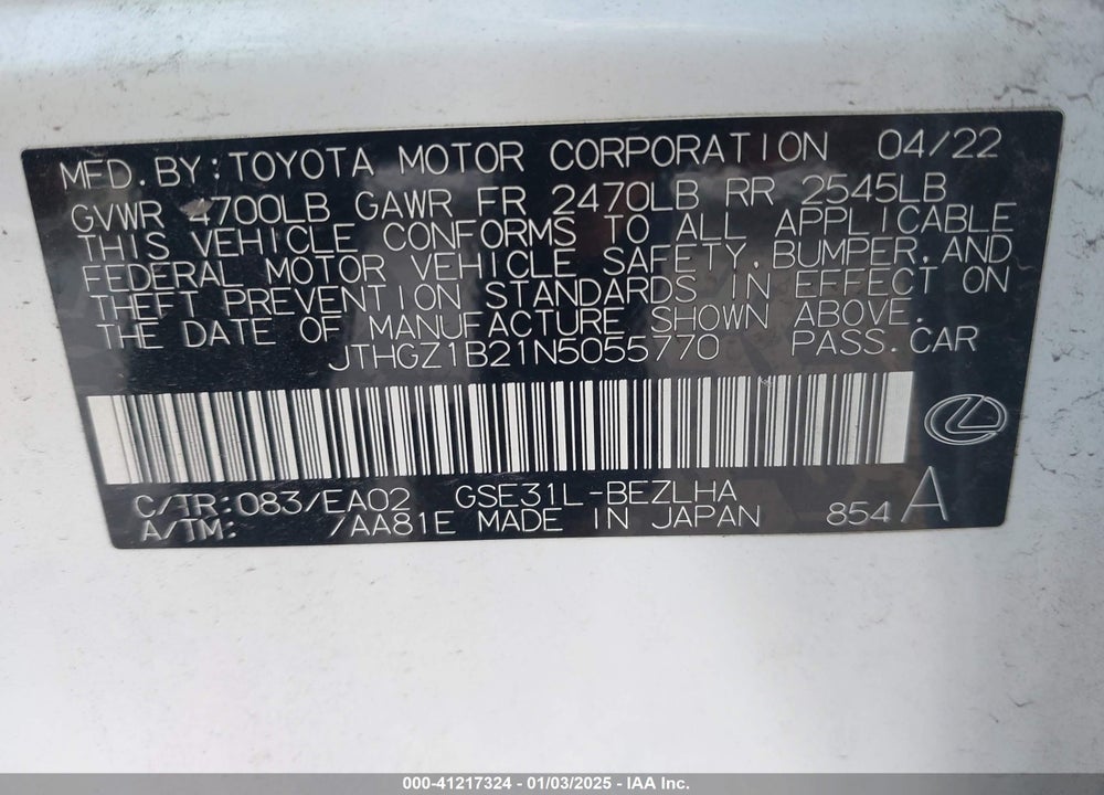2022 LEXUS IS 350 VIN: JTHGZ1B21N5055770