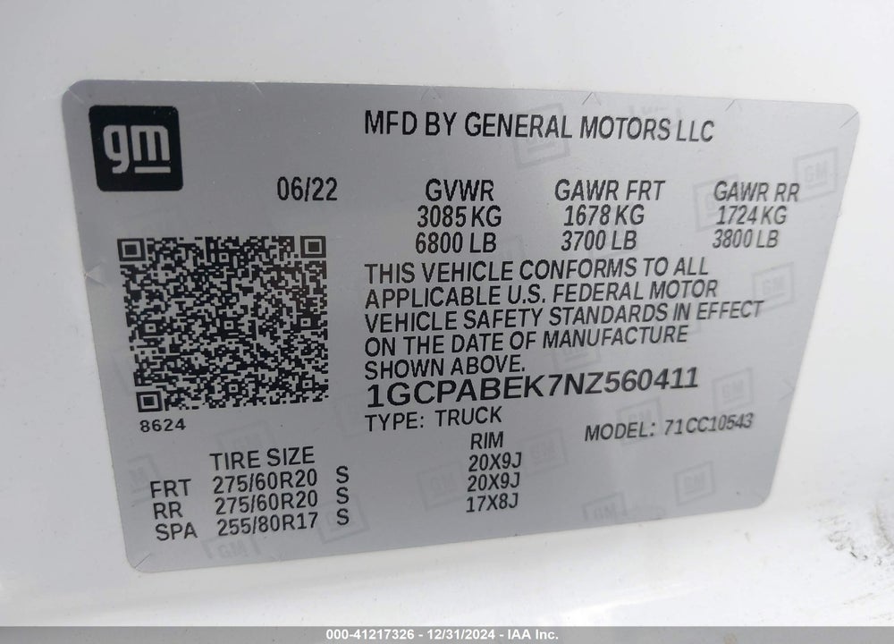 2022 CHEVROLET SILVERADO 1500 VIN: 1GCPABEK7NZ560411