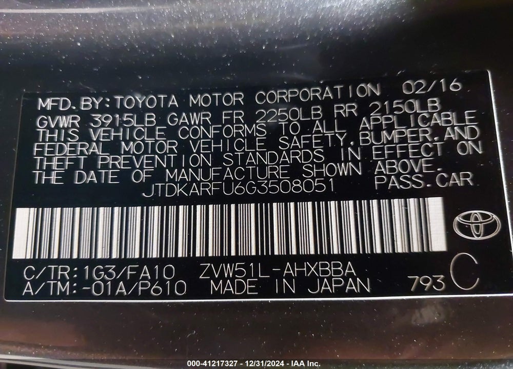 2016 TOYOTA PRIUS TWO ECO VIN: JTDKARFU6G3508051