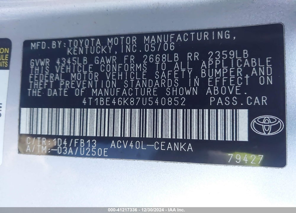 2007 TOYOTA CAMRY VIN: 4T1BE46K87U540852