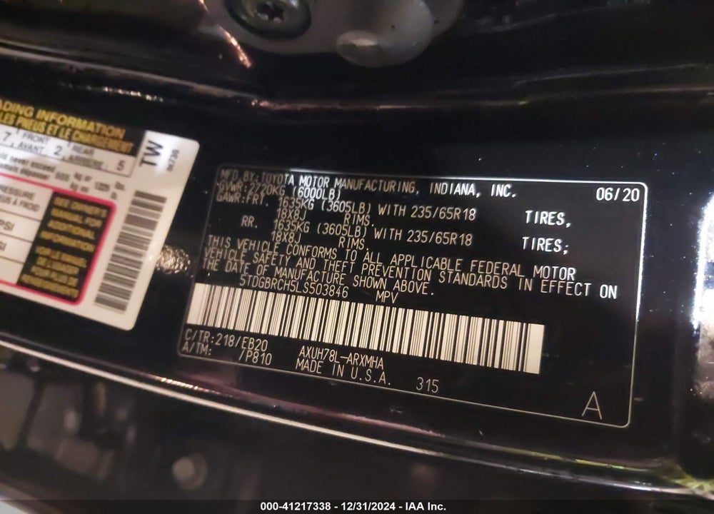 2020 TOYOTA HIGHLANDER VIN: 5TDGBRCH5LS503846