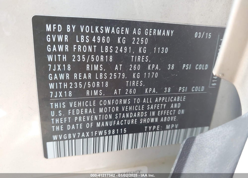 2015 VOLKSWAGEN TIGUAN SEL VIN: WVGBV7AX1FW598115