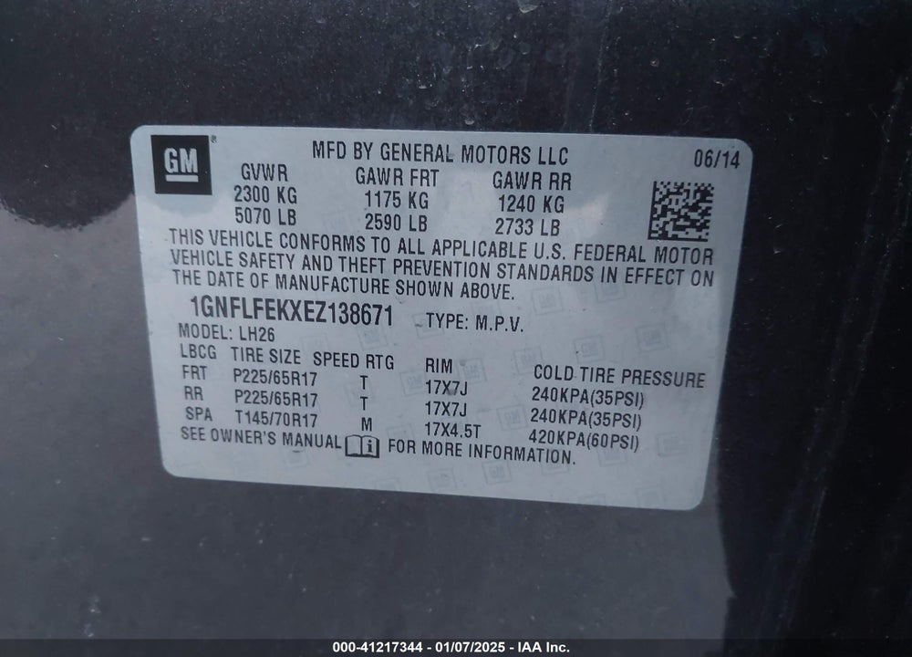 2014 CHEVROLET EQUINOX 1LT VIN: 1GNFLFEKXEZ138671