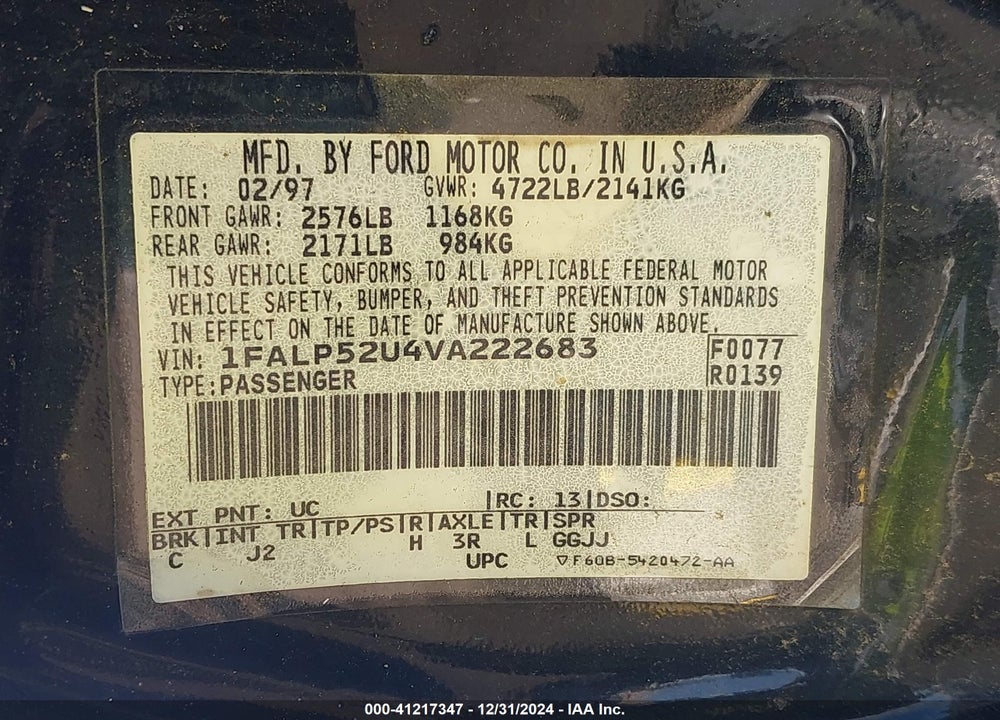 1997 FORD TAURUS GL VIN: 1FALP52U4VA222683