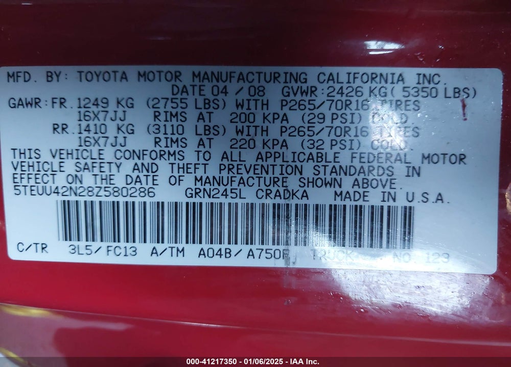 2008 TOYOTA TACOMA ACCESS CAB VIN: 5TEUU42N28Z580286