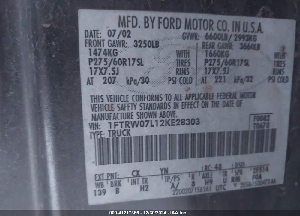 2002 FORD F-150 LARIAT/XLT VIN: 1FTRW07L12KE28303