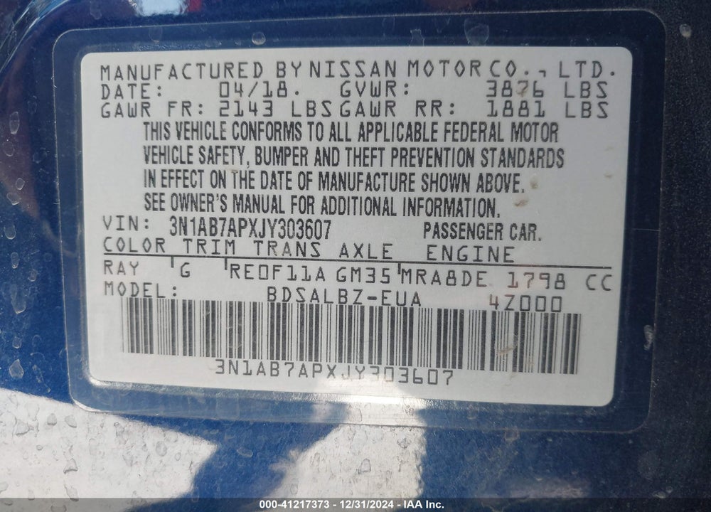 2018 NISSAN SENTRA VIN: 3N1AB7APXJY303607