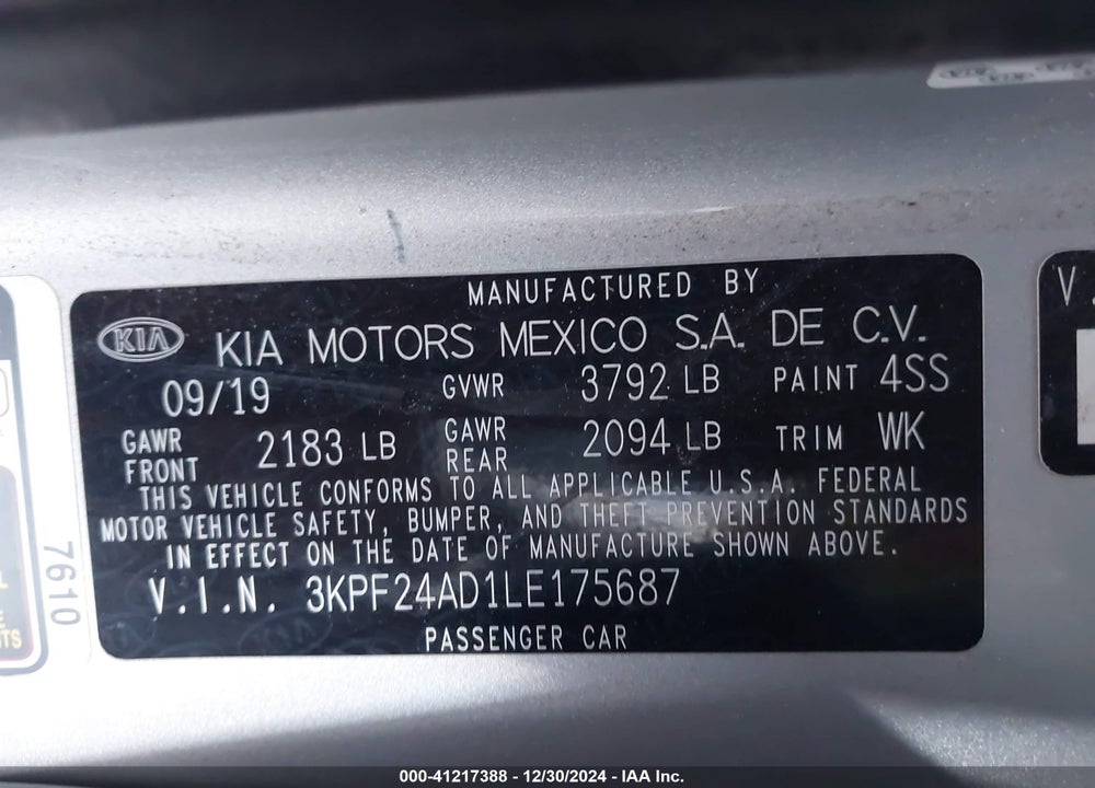 2020 KIA FORTE LXS VIN: 3KPF24AD1LE175687