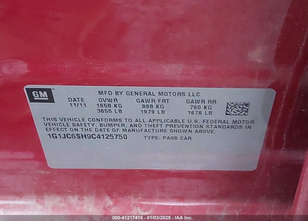 2012 CHEVROLET SONIC 2LT VIN: 1G1JC6SH9C4125750