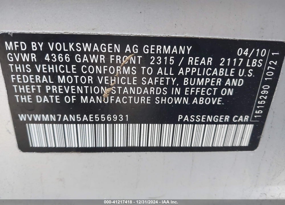 2010 VOLKSWAGEN CC SPORT VIN: WVWMN7AN5AE556931