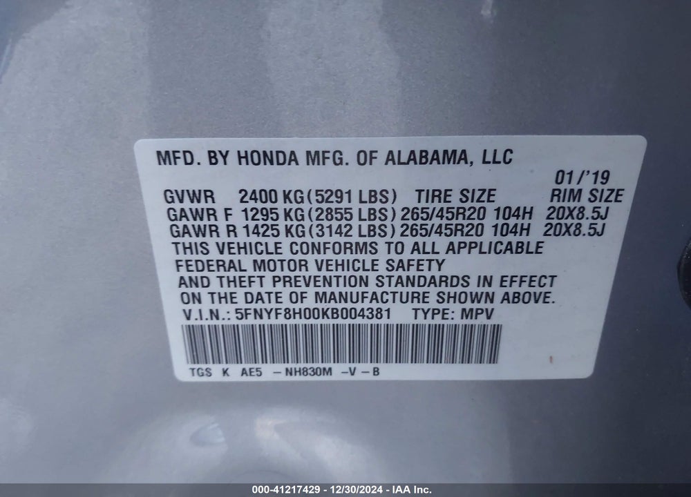 2019 HONDA PASSPORT ELITE VIN: 5FNYF8H00KB004381