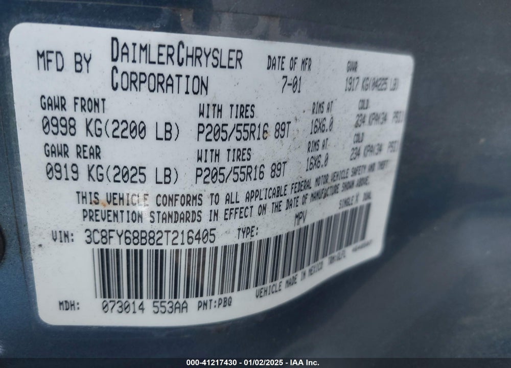 2002 CHRYSLER PT CRUISER LIMITED VIN: 3C8FY68B82T216405