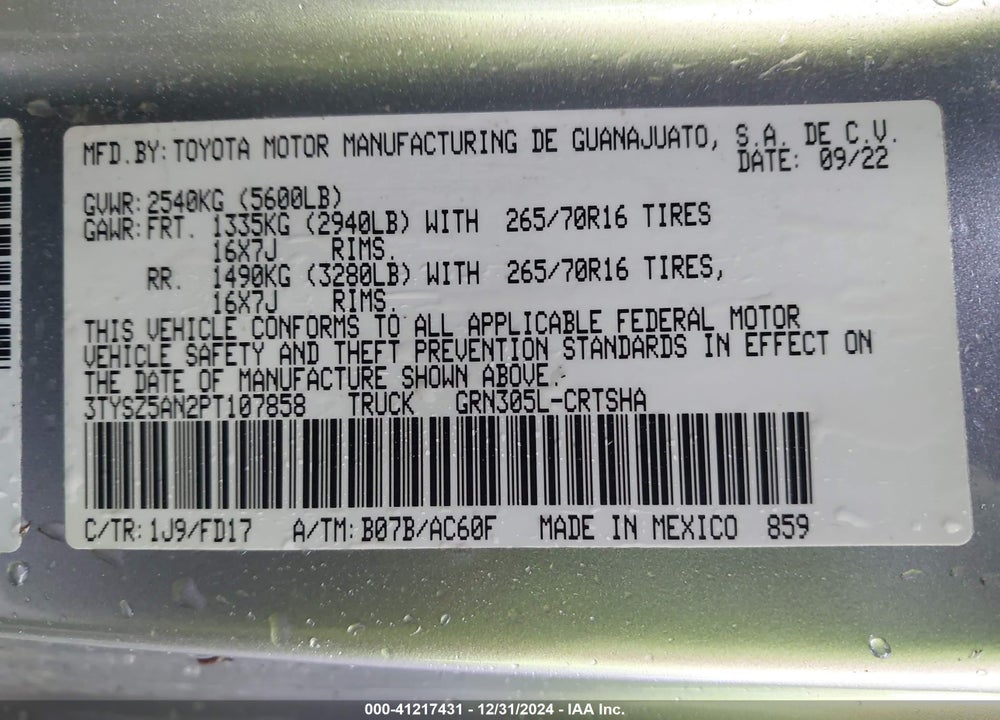 2023 TOYOTA TACOMA VIN: 3TYSZ5AN2PT107858