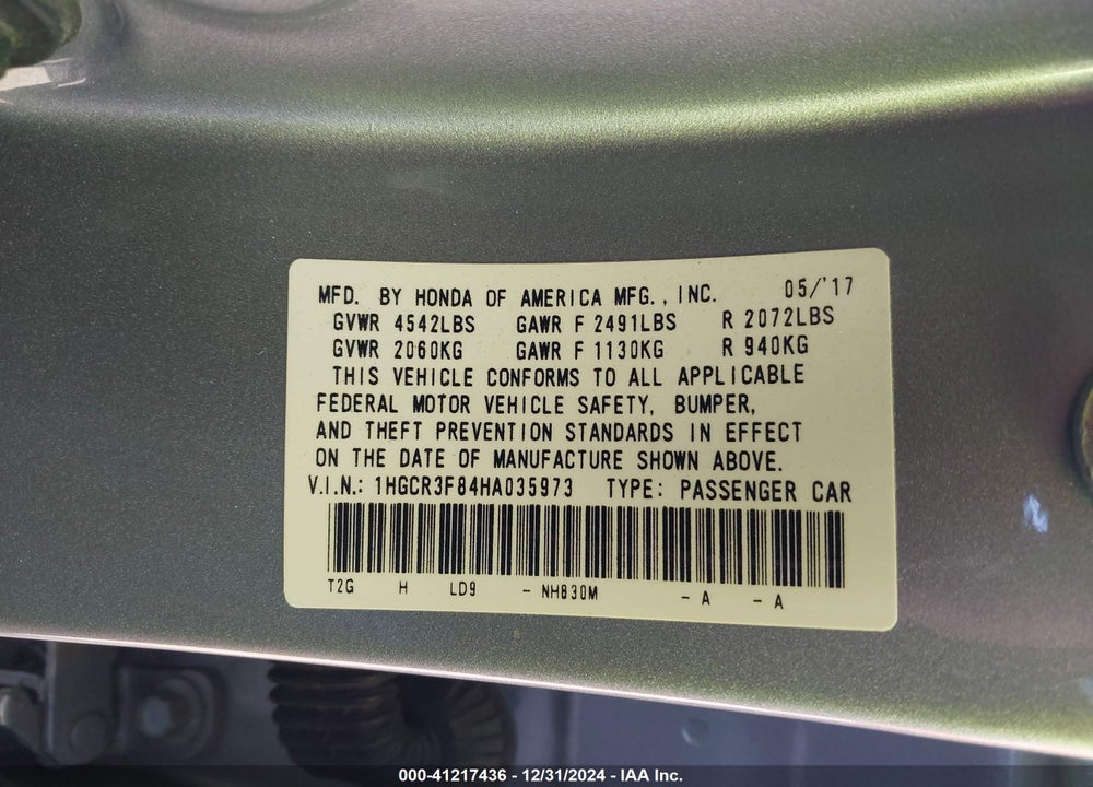 2017 HONDA ACCORD EX-L V6 VIN: 1HGCR3F84HA035973