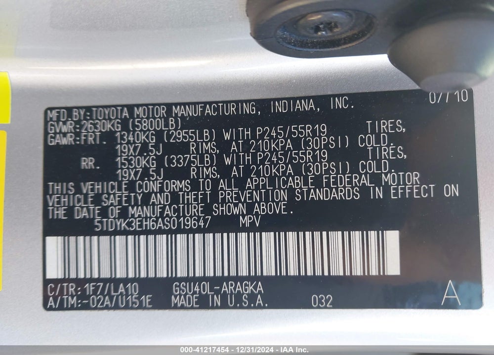 2010 TOYOTA HIGHLANDER LIMITED VIN: 5TDYK3EH6AS019647