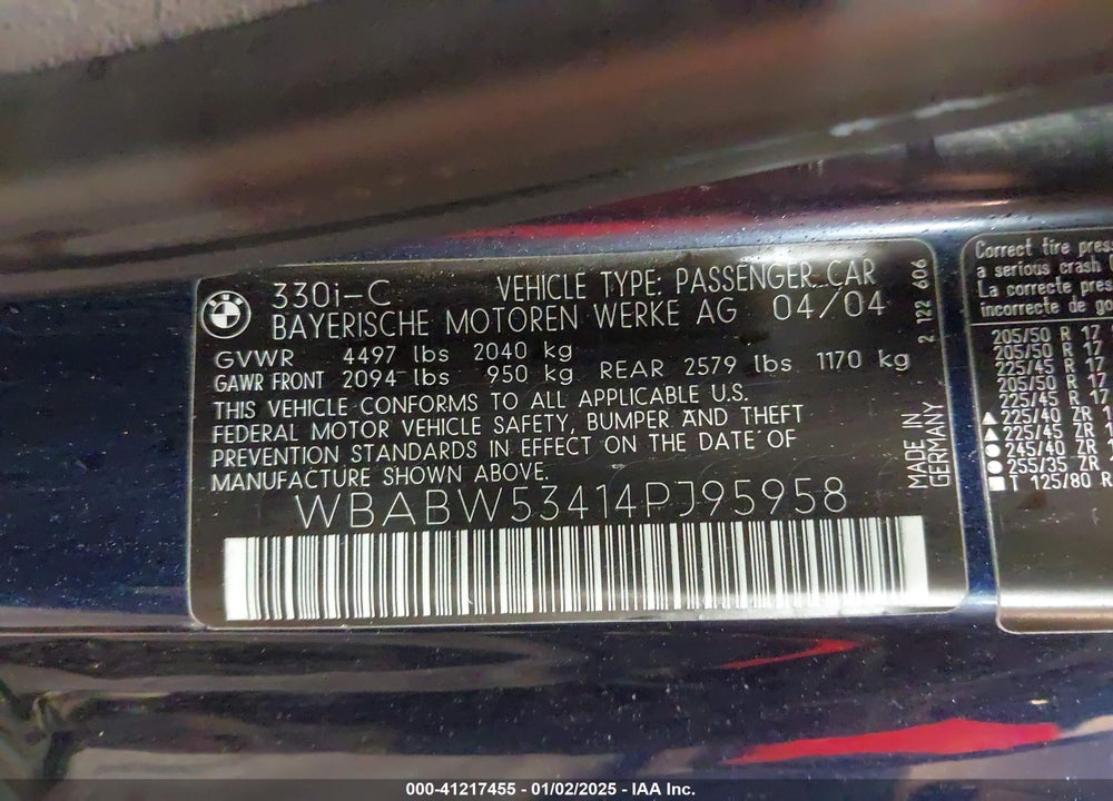 2004 BMW 330CI VIN: WBABW53414PJ95958
