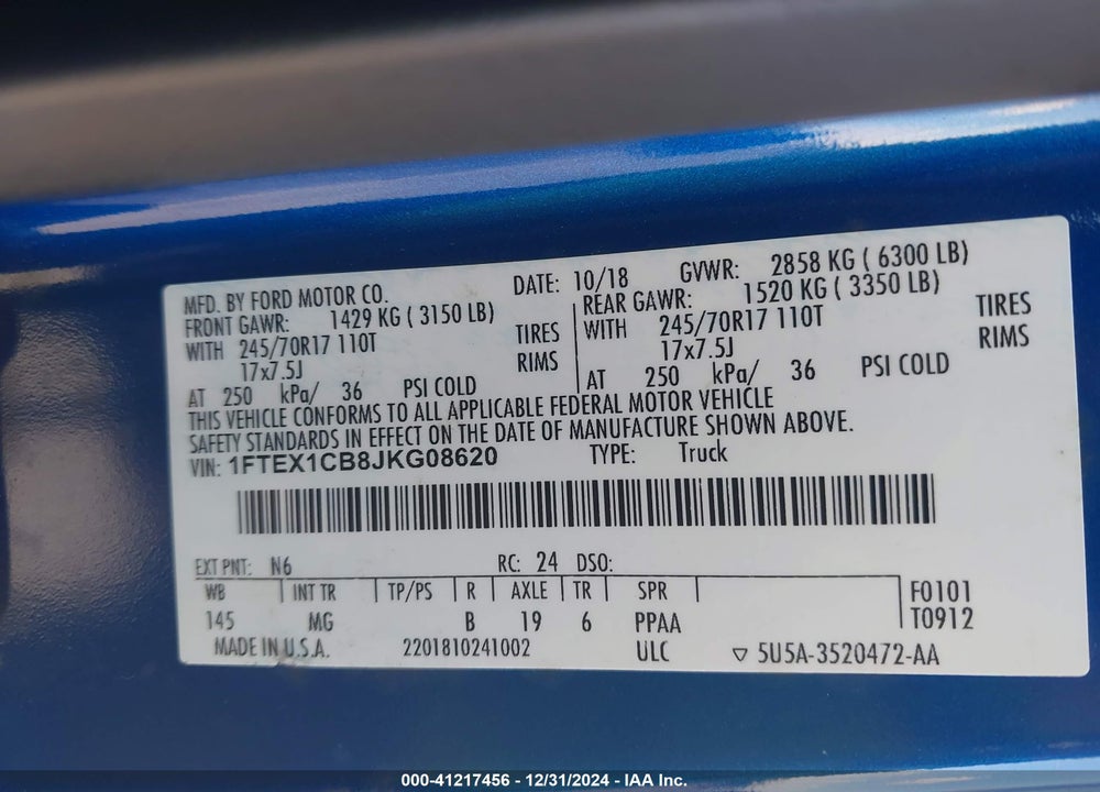 2018 FORD F-150 XLT VIN: 1FTEX1CB8JKG08620