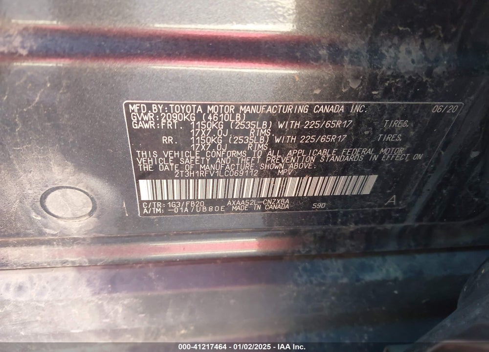 2020 TOYOTA RAV4 VIN: 2T3H1RFV1LC069112