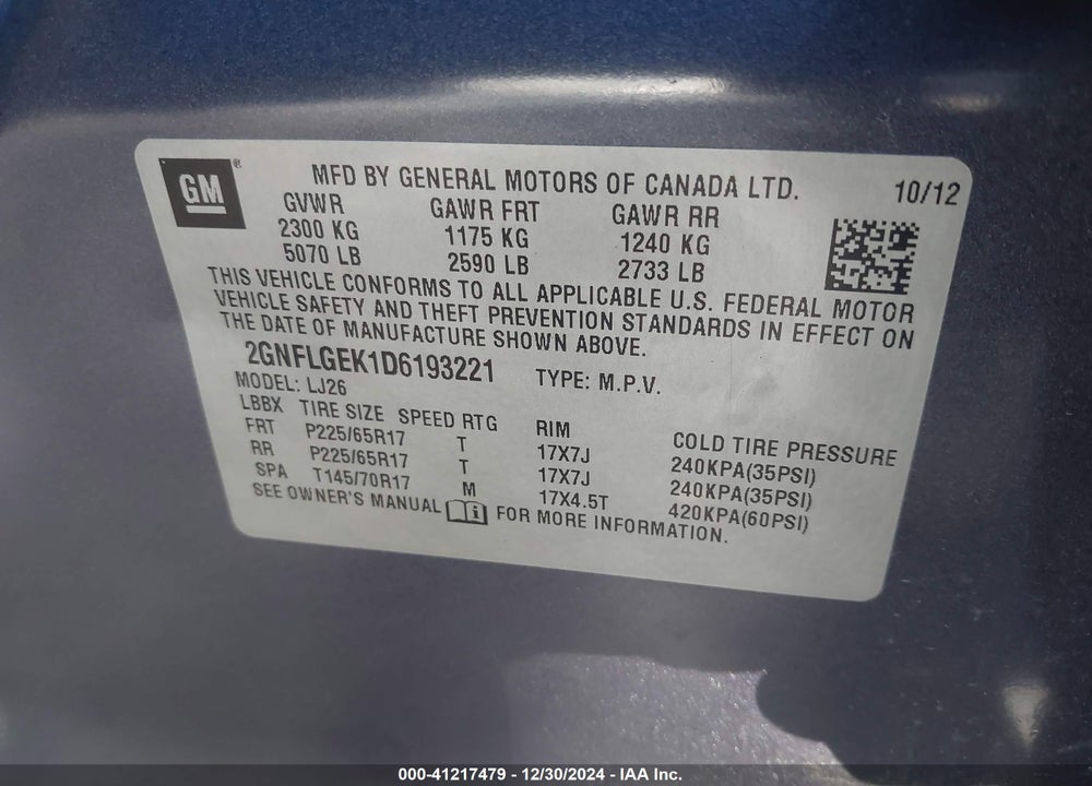 2013 CHEVROLET EQUINOX LTZ VIN: 2GNFLGEK1D6193221