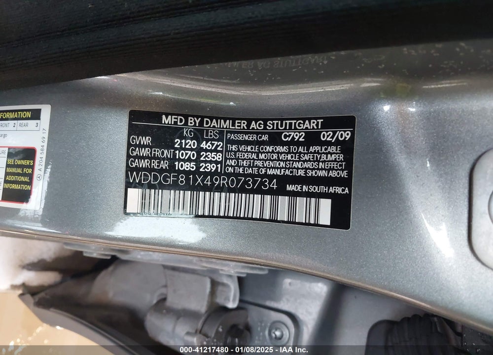 2009 MERCEDES-BENZ C VIN: WDDGF81X49R073734