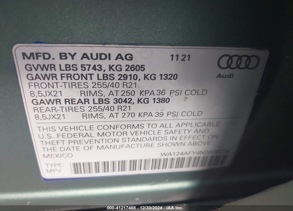 2022 AUDI SQ5 SPORTBACK PREMIUM PLUS TFSI QUATTRO TIPTRONIC VIN: WA124AFY4N2038224